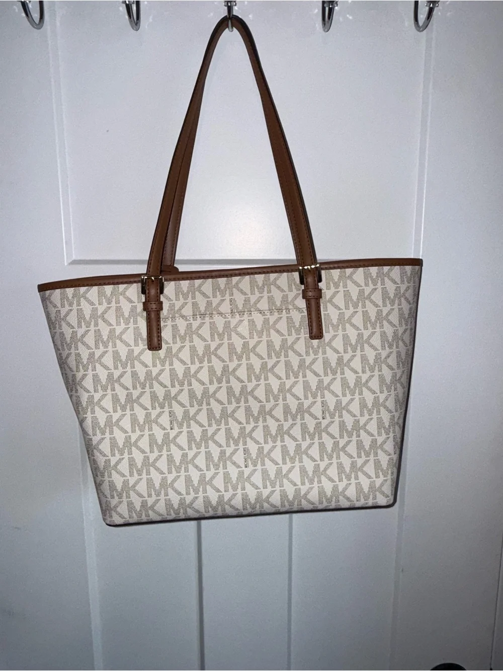 Michael Kors Cream Signature MK Tote with Brown Trim